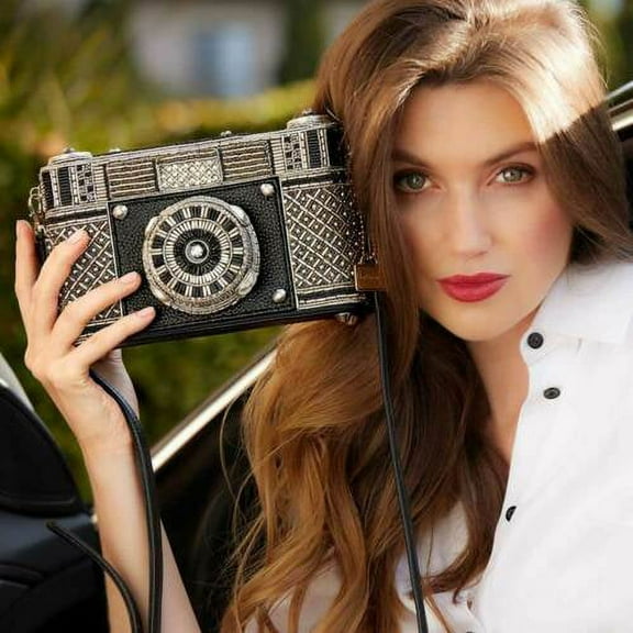 Mary Frances Picture That Beaded Crossbody Silver Black Camera Handbag Bag New