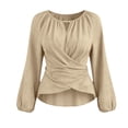 thumbnail image 2 of GILIGEGE Women's Lantern Sleeve Blouse,Cross Wrap Front Tie Back Dressy,Asymmetrical Wrap Tops,Ruched V Neck Long Sleeve Blouses,Soft Stretchy Fitted Blouse,Casual Work Going Out Wrap Top Beige M, 2 of 5