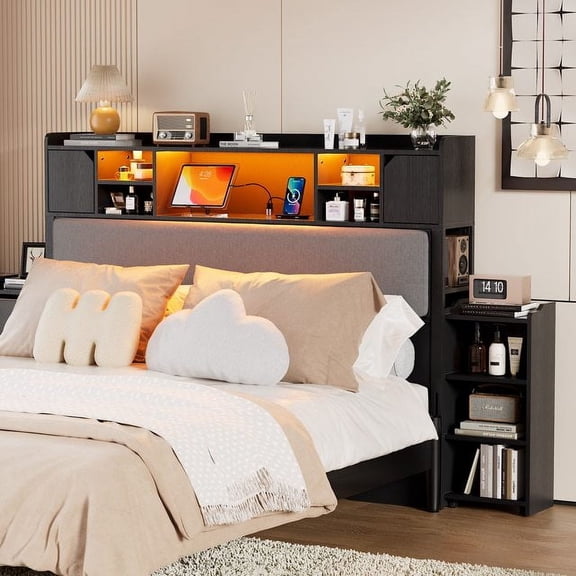 PAKASEPT Upholstered Queen Size Headboard with Charging Station, RGB LED Lights, Bookcase Storage & Slide-Out Bedside Shelf, Black Bedroom Headboard with Side Storage