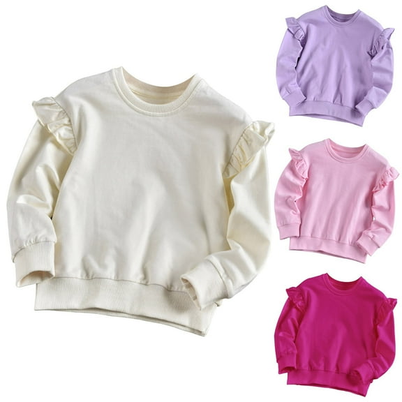 Ulanda Girls Long Sleeve Shirts Cute Ruffle Shoulder Crewneck Sweatshirts Pullover Tops 5-14 Years (Pink, 5-6 Years)