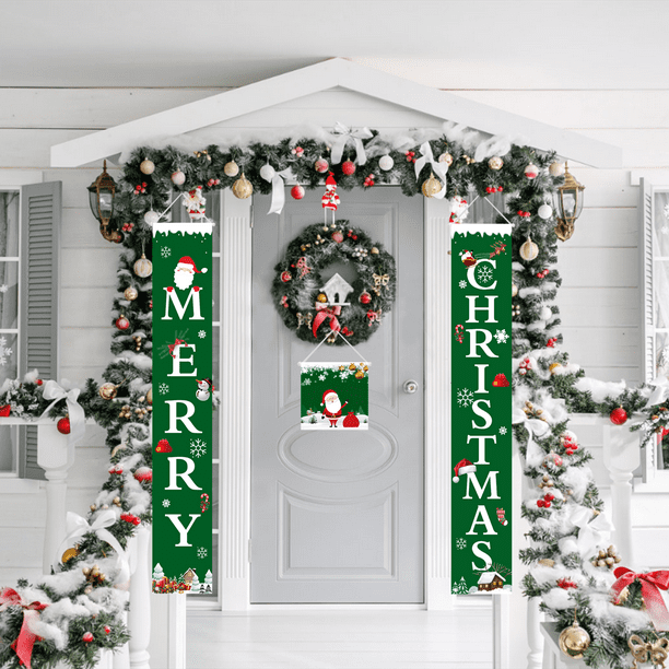 Merry Christmas Porch Sign, 3 Pcs Xmas Decorations Banner, Front Door Merry Christmas Hanging