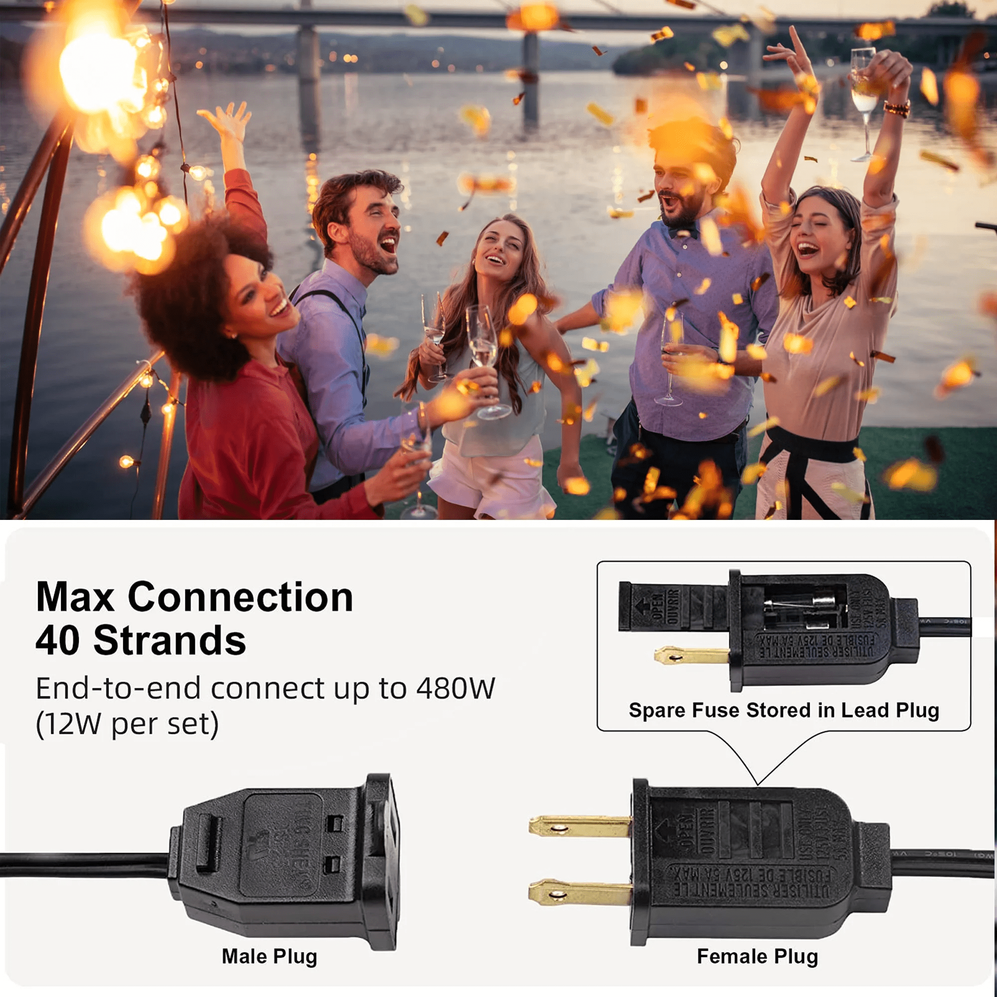 DAYBETTER Waterproof 200FT Outdoor String Lights, with 100 + 2 Plastic G40 , Connectable Shatterproof Outside Hanging Lights for Backyard Porch Deck