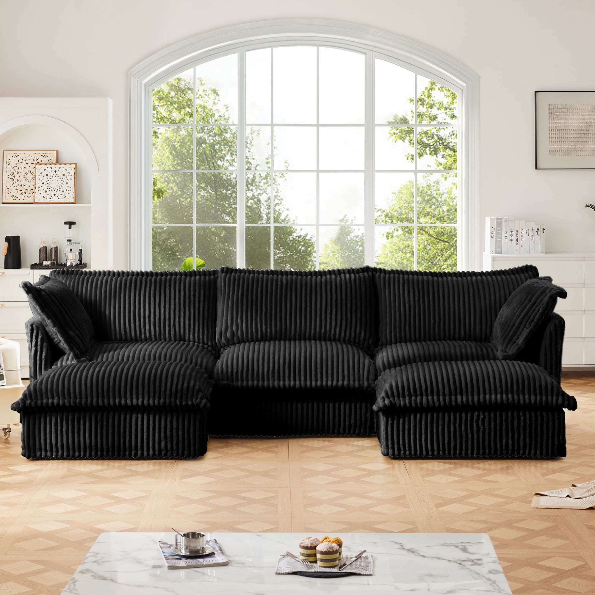 Gewnee Deep Seat Modern 3 Seater Sectional Sofa Couch With 2 Ottomans,U Shape Black Corduroy Fabric Comfy Couch for Living Room