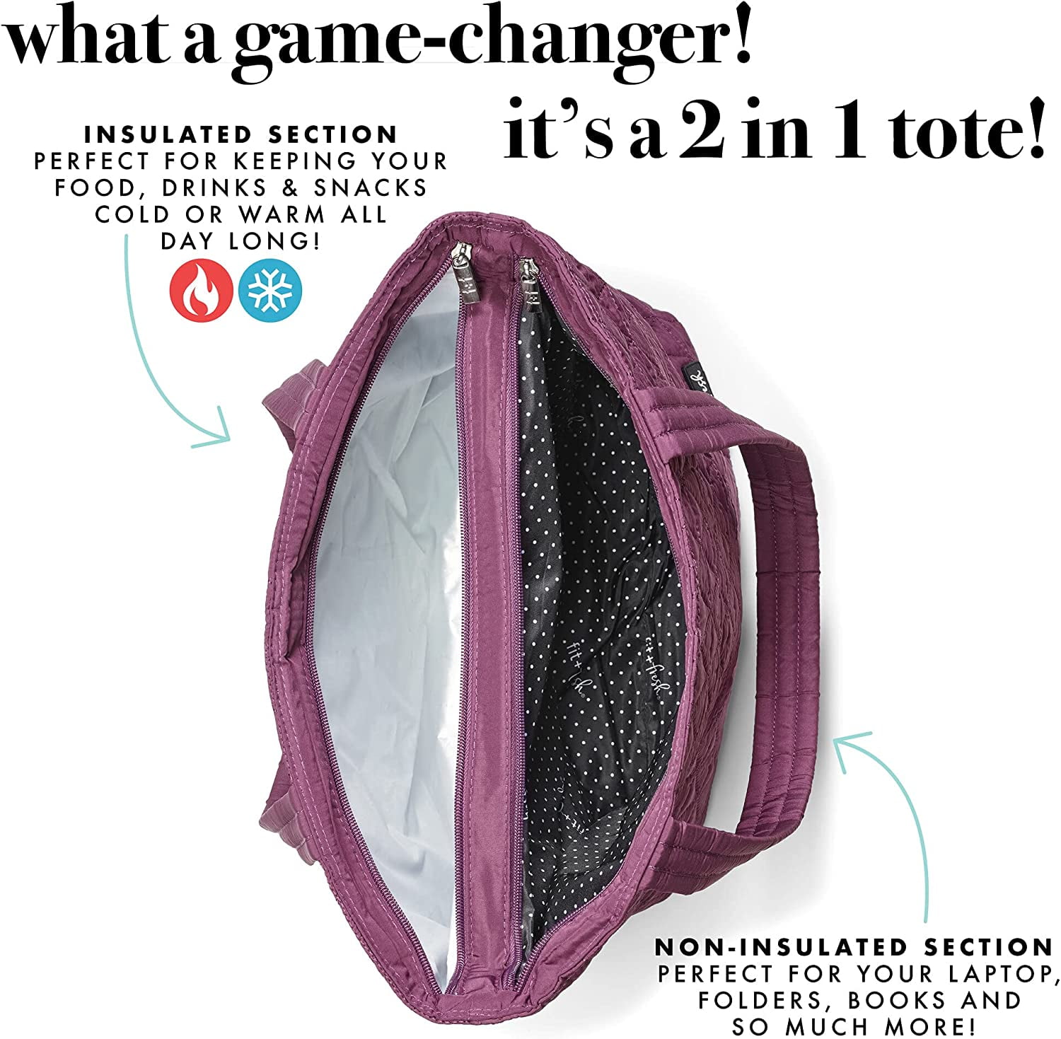 Fit + Fresh Quilted Metro Lunch and Laptop Tote, 2 -in-1 Lunch Bag, Plum