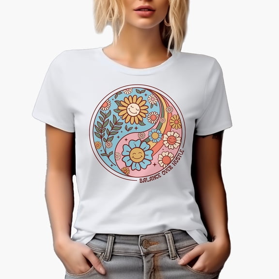 Balance Over Hustle, Retro Flowers Art Merch Gift, White T-Shirt, Small