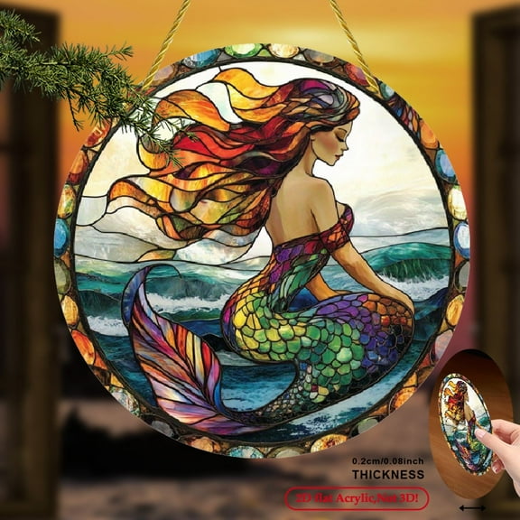 2D Flat, 1pc Vibrant Mermaid Ocean Sun Catcher - Stained Glass Style Round Acrylic Wall_Window Hanging Decor,  Coastal Home Summer Decor, No Electricity Needed, Tranquil Ocean Theme  8*8inch