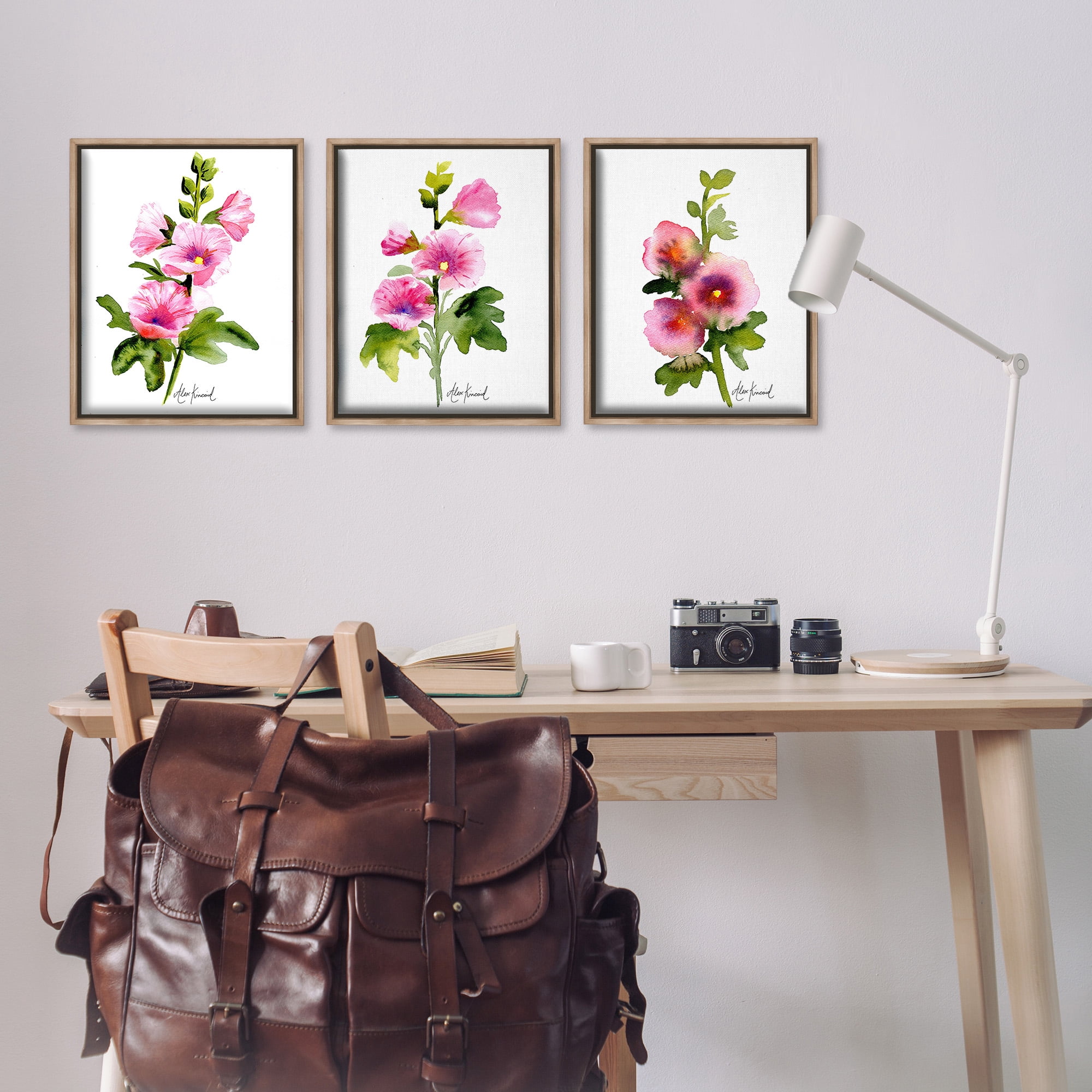 Stupell Industries Pink Flower Watercolors Botanical & Floral Painting Brown Floater Framed Canvas Art Print Wall Art, 17 x 21, Set of 3