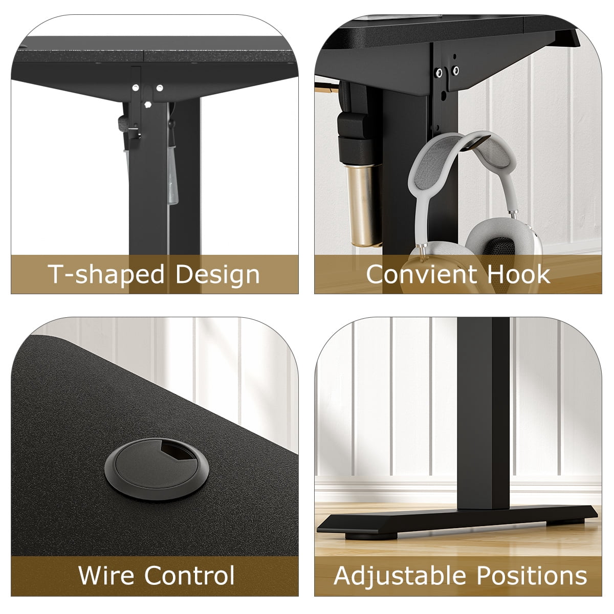 VECELO 27.7''-44.4''Height Electric Standing Desk Adjustable Height, Desk with Inteliigent Keypad, Modern Ergonomic Office Table with Hook and Wire Control, Black