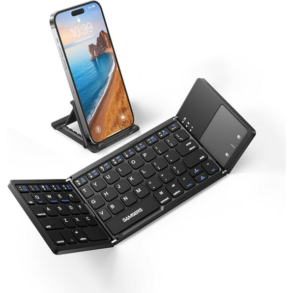 Foldable Bluetooth Keyboard with Toucad - Portable Wireless Keyboard with Holder, Rechargeable Full Size Ultra Slim Pocket Folding Keyboards for Android Windows iOS Tablet & Laptop - Black