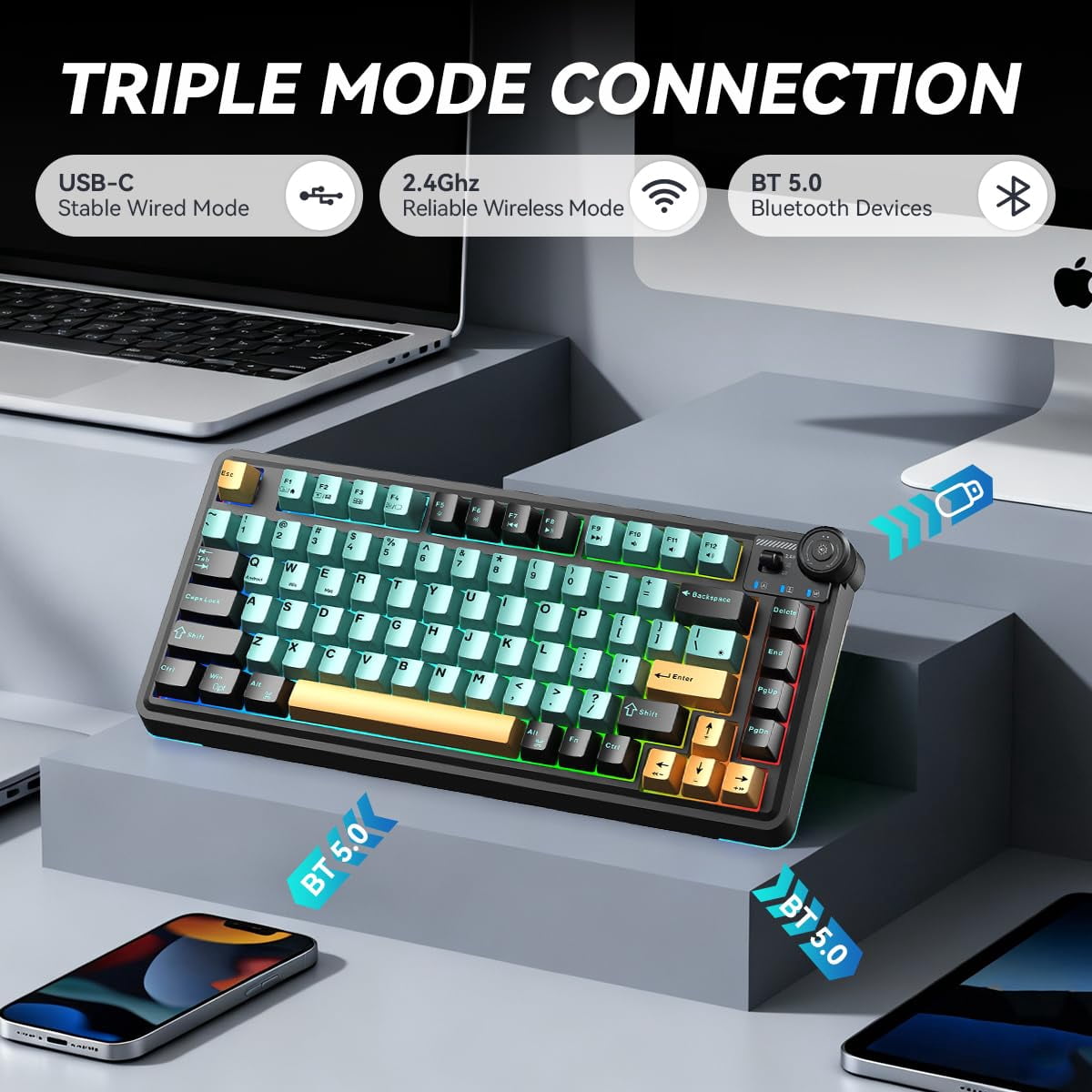 Aula AU75 Wireless Mechanical Keyboard, Hot Swap Gasket Gaming Keyboard with Knob, 4000mAh, 75% Five-Layer Padding PBT Keycaps, Orange