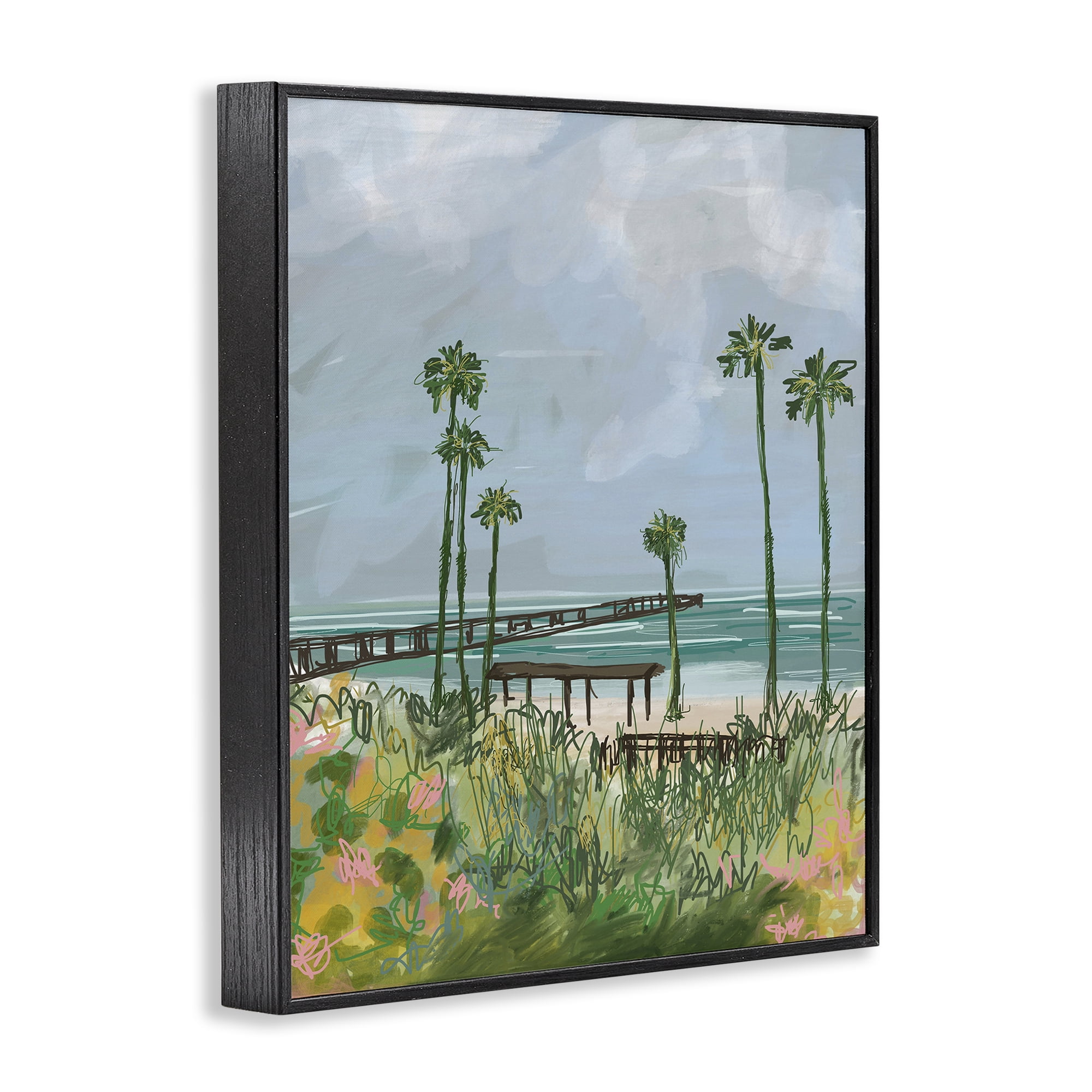 Stupell Industries Palm Trees Dock Scene Landscape Painting Black Framed Art Print Wall Art, 11 x 14