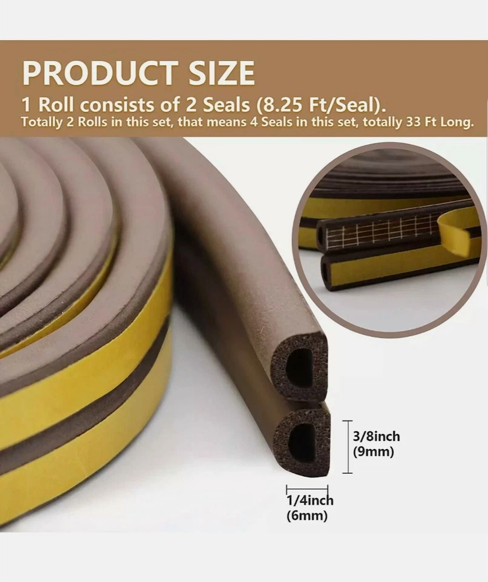 CRESTIN- 33Ft. Self Adhesive Brown Weather Stripping, Insulation For Doors & Windows