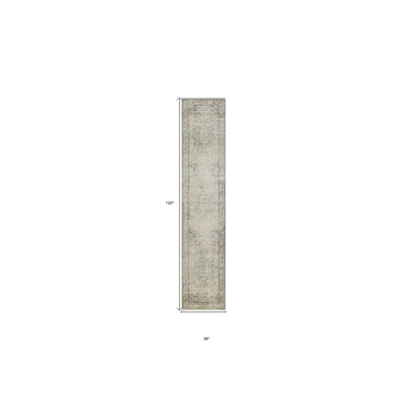 10' Runner Blue and Ivory Floral Medallion Power Loom Distressed Washable Runner Rug