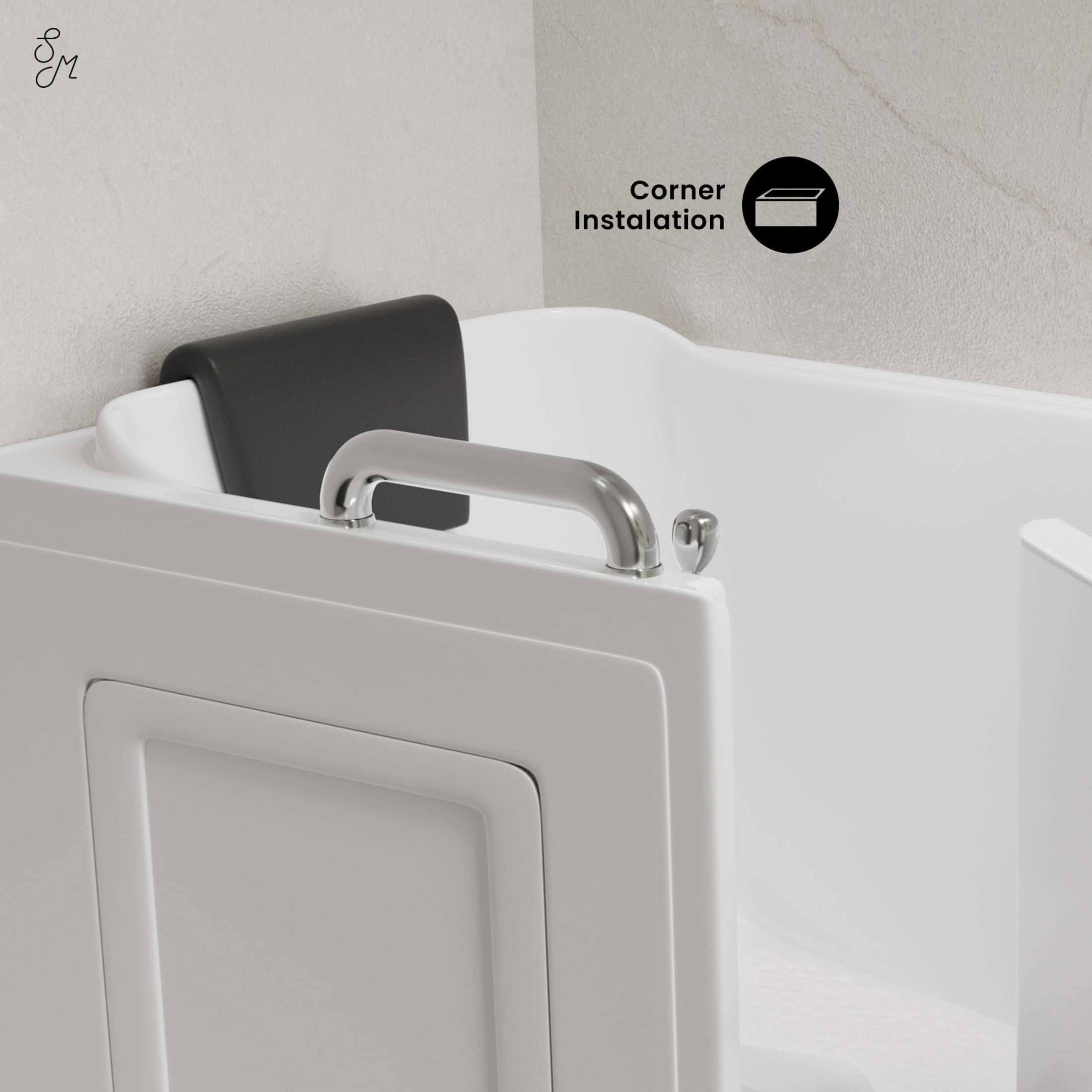 Auvergne 53" x 27" ADA Right Drain Walk-in Soaking Bathtub in Glossy White, Faucet Set, Drain, Grab Bars, Pillow Included