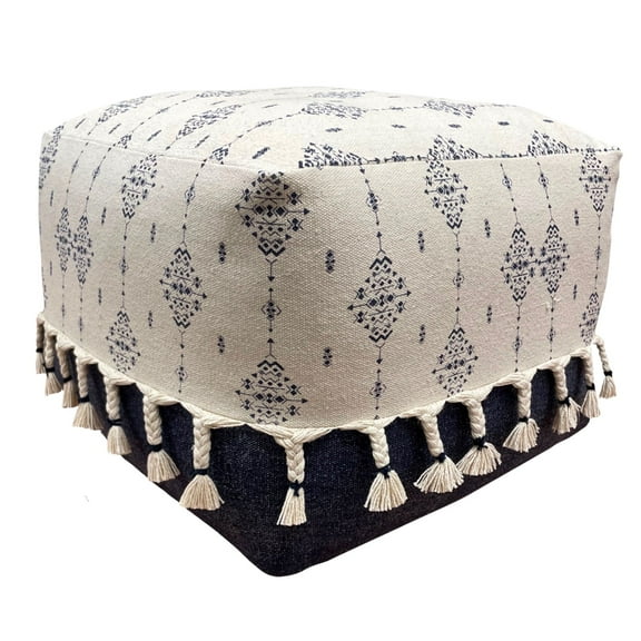 Laddha Home Designs 18" Navy and White Ornamental Motif Handcrafted Square Pouf Ottoman