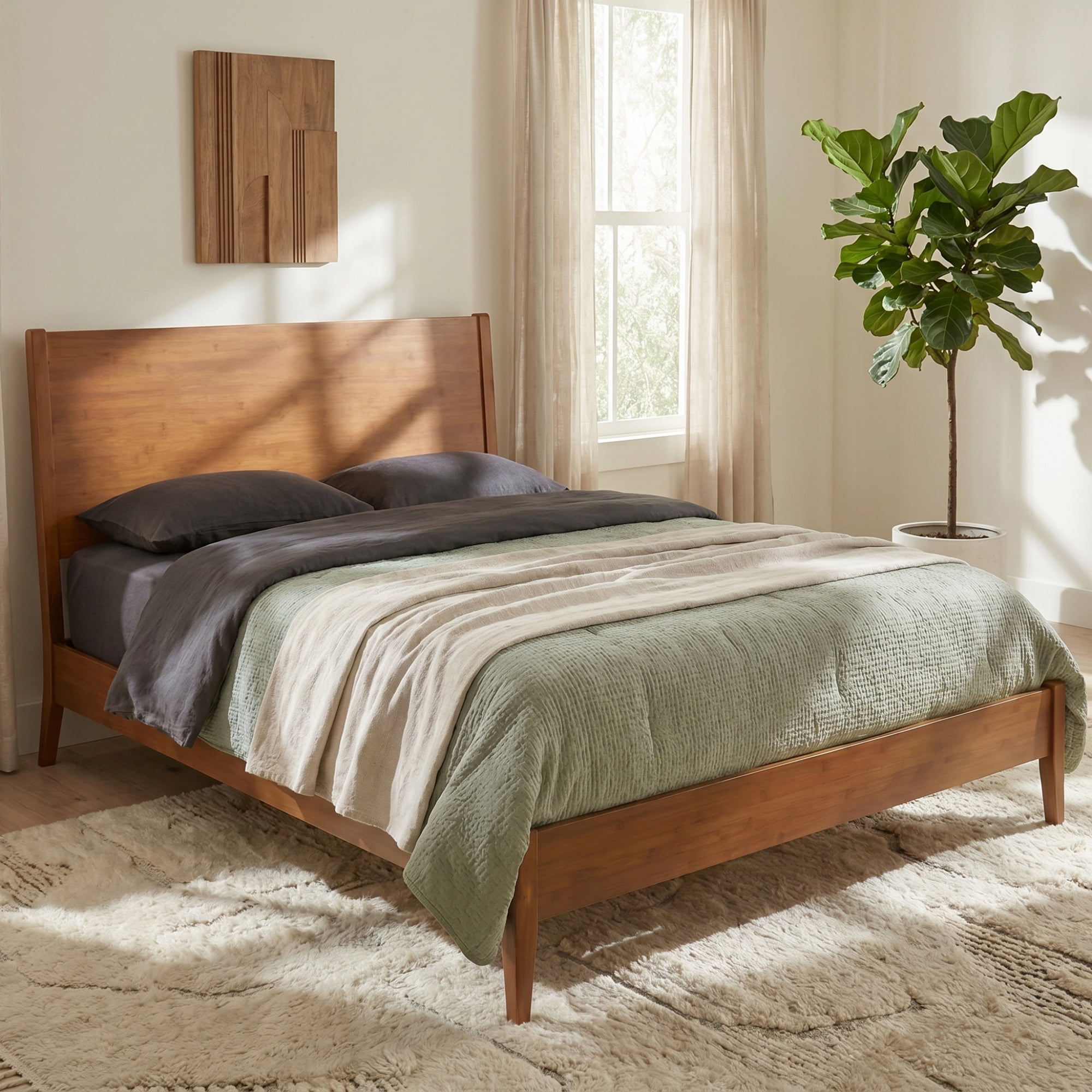 Euroco Bamboo Wood Platform Bed, Mid-Century Queen Size Bed, Walnut