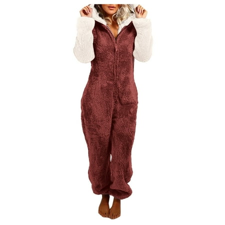 

JDEFEG Bodysuit with Long Sleeves Women s Artificial Wool Long Sleeve Pajamas Zipper Loose Hooded Jumpsuit Pajamas Winter Warm Rompe Cute Ears Sleepwear Nightwear Shorts Xxl