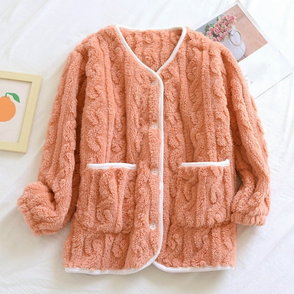 FDGIU Women's Fleece Pajama Jacket‌, Oversized V-Neck Cardigan Coat with Pockets, Cozy Winter Sleepwear & Loungewear