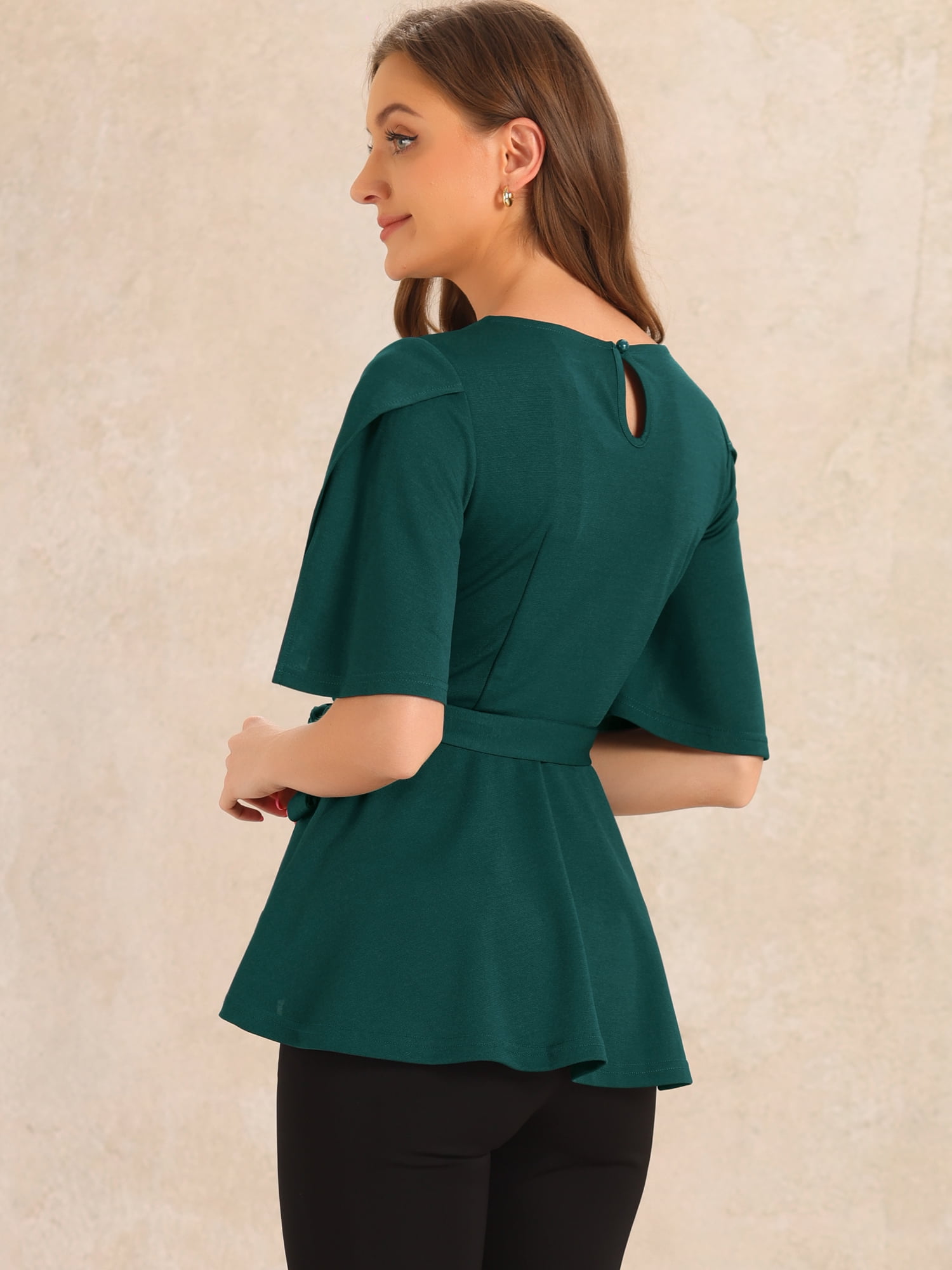 DARING DIVA Women's Split Half Sleeve Crew Neck Peplum Blouses M Dark Green