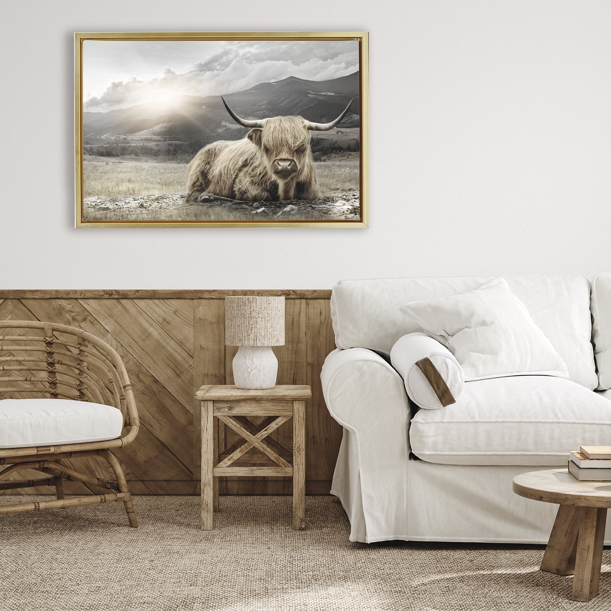 Stupell Industries Cattle Resting in Morning Sun Gold Framed Floater Canvas Wall Art, design by CAD Designs