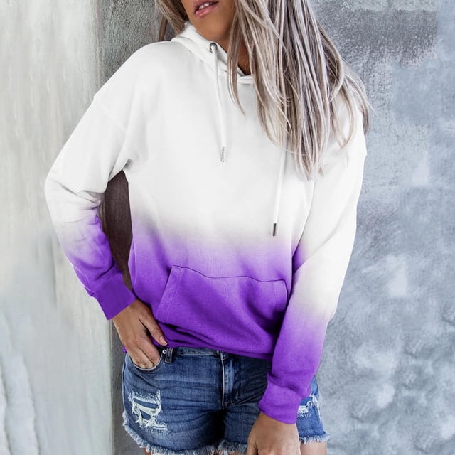 Simua Sweat à Capuche Mode pour Femmes Manches Longues Dégradé de Couleur Pull Ample avec Poche