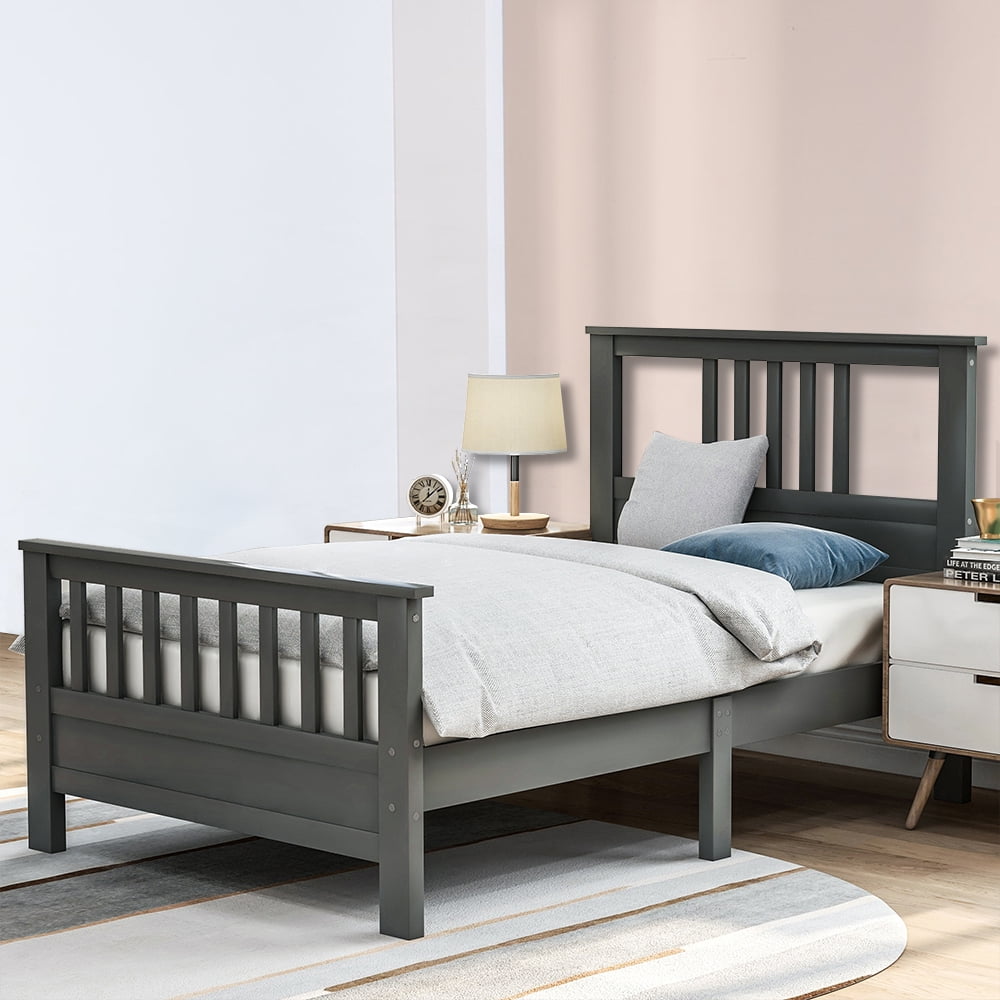 Twin Bed Frame with Headboard, Gray Twin Bed Frame for Kids, Modern Wood Twin Bed Frame Bedroom