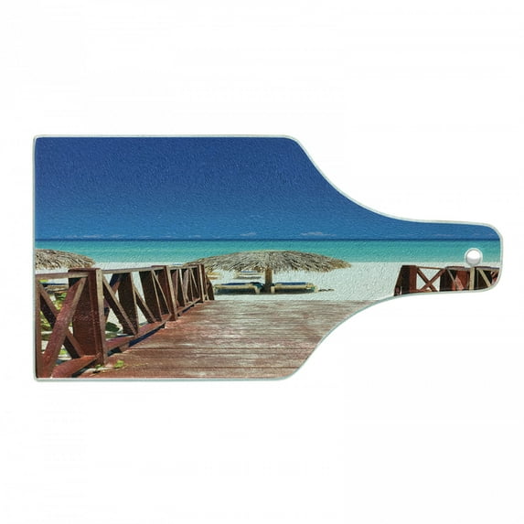 Beach Cutting Board, Walkway Heads to Sandy Beach Resort in Cuba Summer Day Hot Burnt Ocean, Tempered Glass Cutting and Serving Board, Wine Bottle Shape, Chocolate Navy Turquoise, by Ambesonne