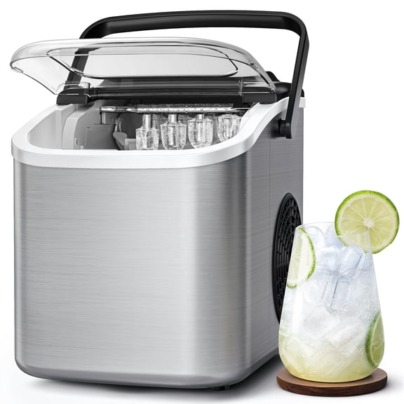 Goosiay Ice Maker Countertop, 8 Cubes in 6 Mins, 26lbs Portable Ice Makers with Ice Scoop & Basket, Compact Mini Ice Machine for Home Bar, Kitchen, Dormitory, Stainless Steel, Silver