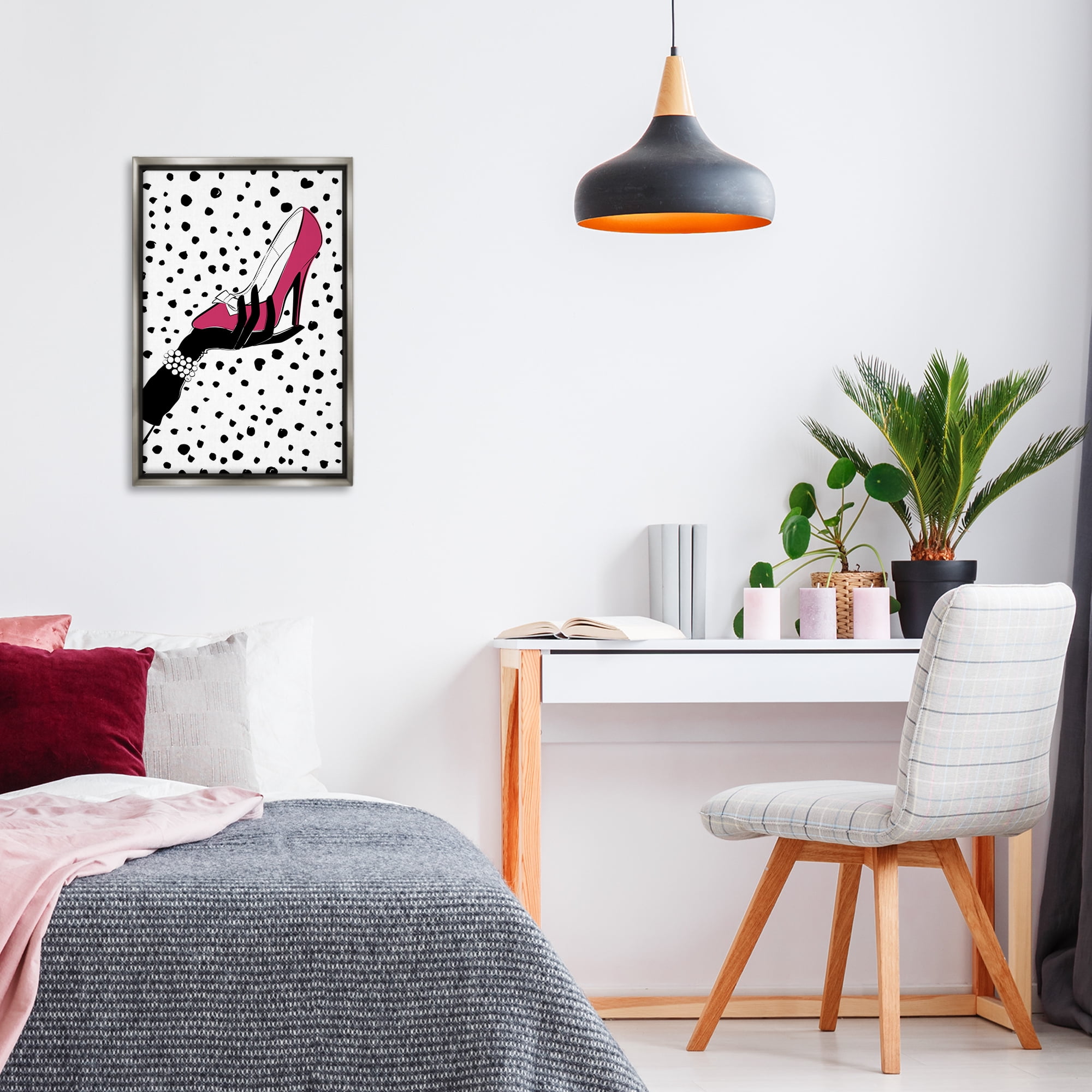 Stupell Industries Pink Shoe with Dots Beauty & Fashion Painting Gray Floater Framed Art Print Wall Art, 17 x 25