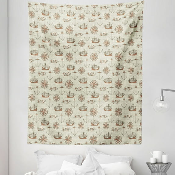 Pirate Theme Tapestry, Retro Illustrated Composition of Compass Fishes Ships and Anchors, Fabric Wall Hanging Decor for Bedroom Living Room Dorm, 5 Sizes, Eggshell and Pale Rust, by Ambesonne