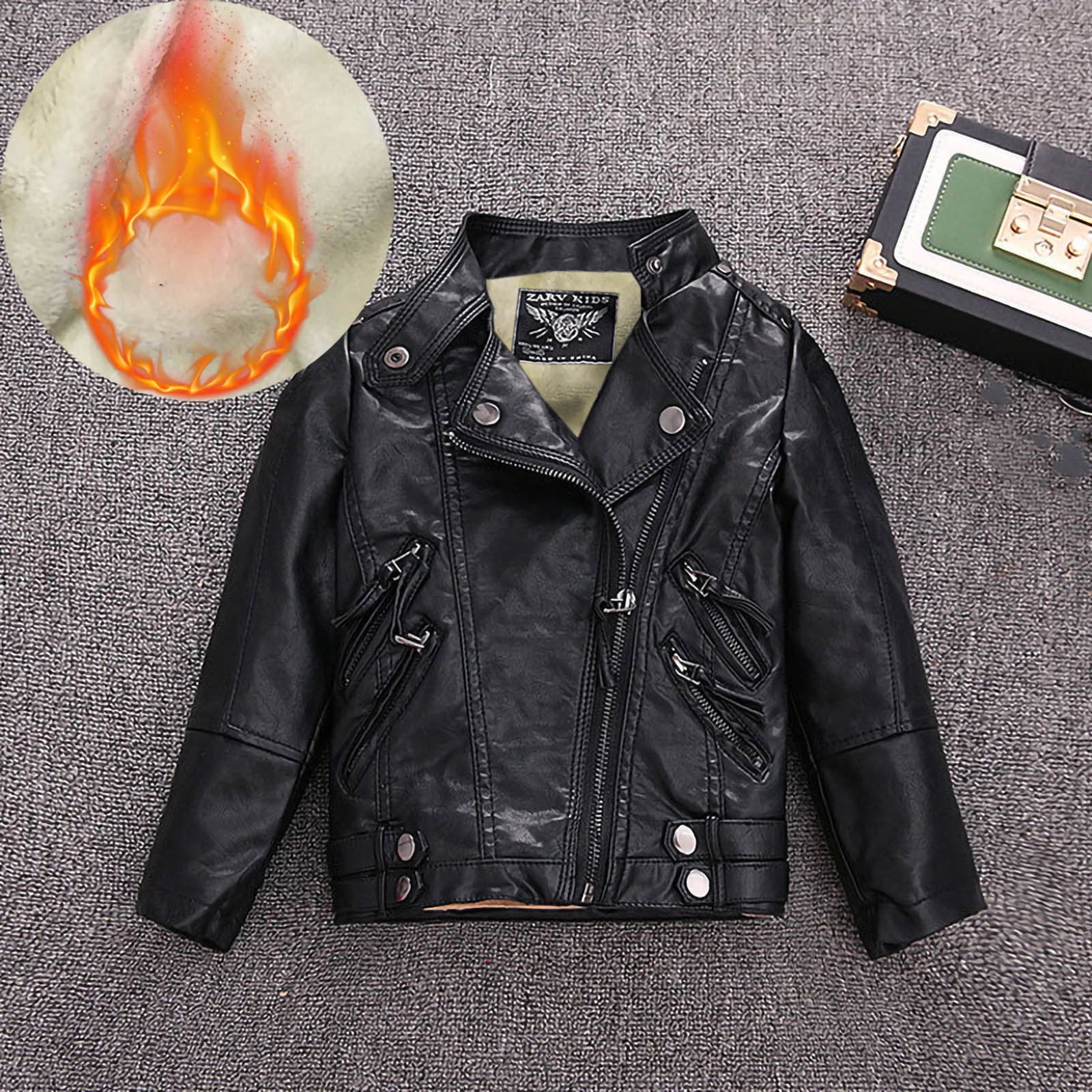 Efsteb Girls Leather Jackets Stand Collar Zip Up Motorcycle Jackets Long Sleeve Button Leather Coats Outerwear (Black,13 Years)