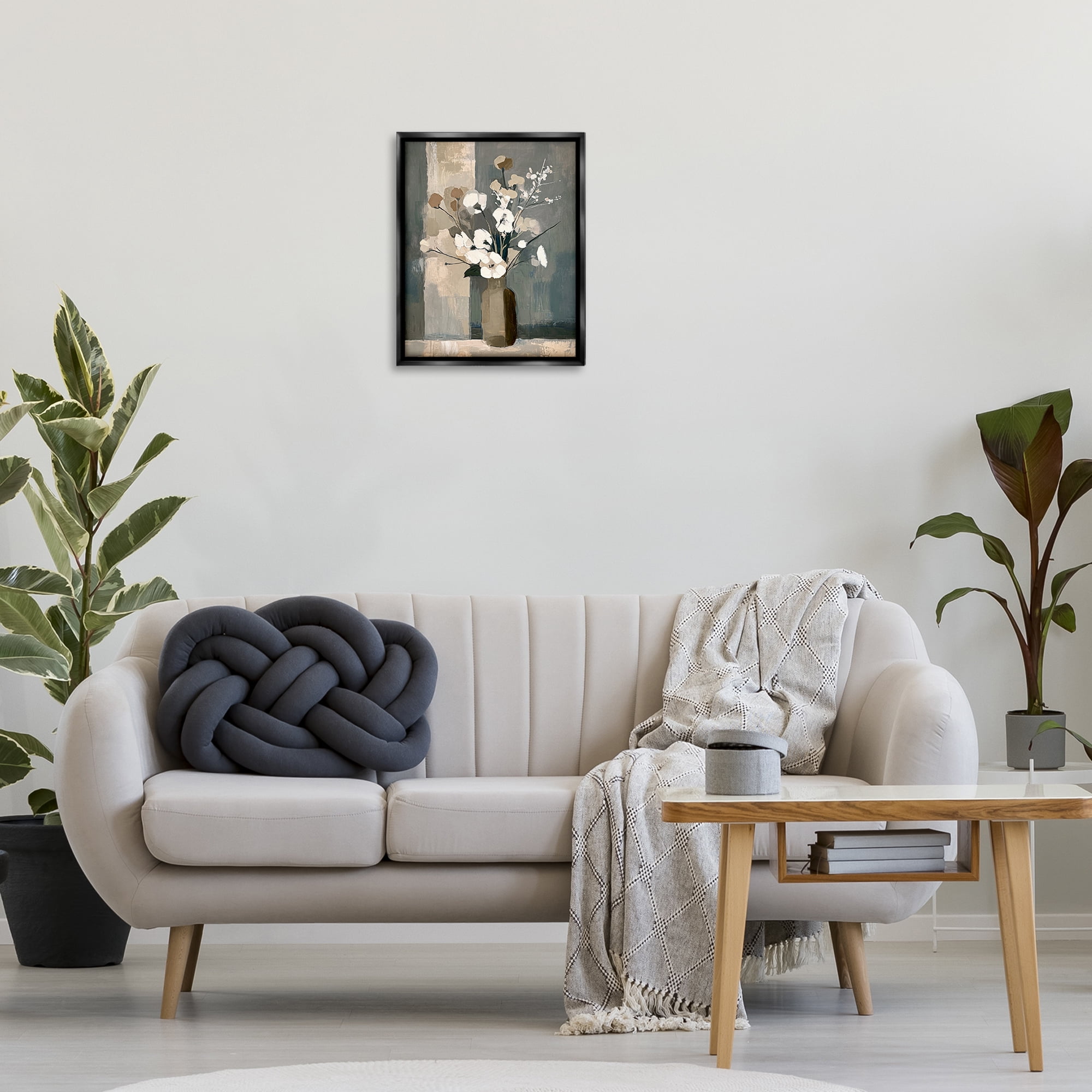Stupell Industries Neutral Floral Vase Botanical & Floral Painting Black Floater Framed Canvas Art Print Wall Art, 17 x 21