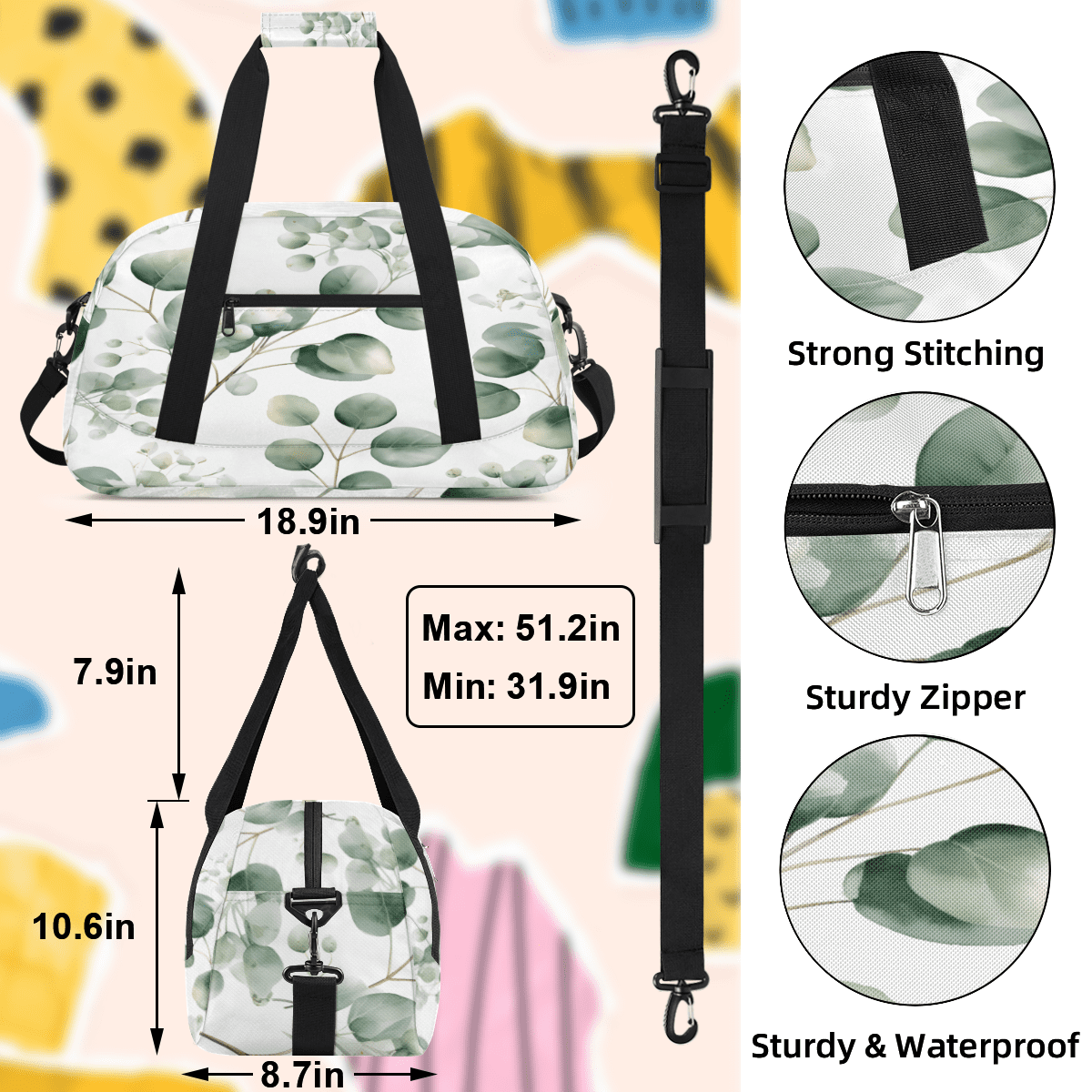 Herdesigns Sage Green Sports Duffle Bag for Women & Men, Eucalyptus Leaf Gym Bag Dance Bag Overnight Bag Carry On Weekender Travel Bag