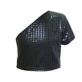 thumbnail image 4 of Diufon Sparkly Tops for Girls Trendy Single Shoulder Plaid Glitter Tank Crop Tops Performance Dance Shirt for Teen, 4 of 4