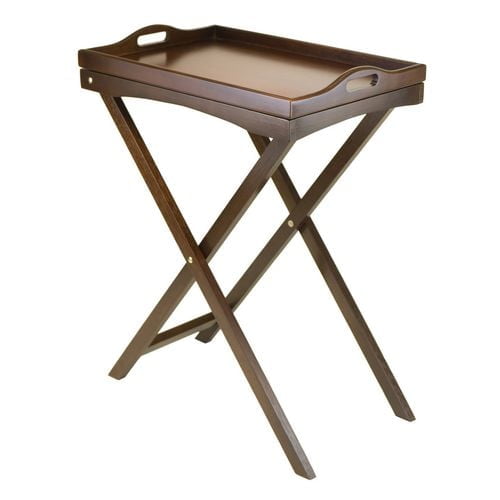 Table Télé Devon Butler avec Plateau de Service en Fini Noyer, Comprenant un Plateau Amovible avec Poignées Découpées et un Support Pliant avec Pieds Croisés pour un Rangement compact, Fabriquée en Bois Massif et composite Sans Assemblage Requis, Idéale pour un Service Supplémentaire sur le Côté de la Table Ou sur le Côté d'Une Chaise.