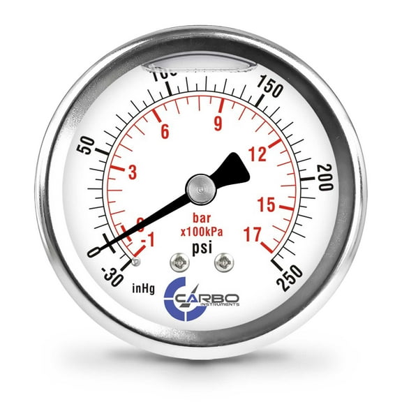 CARBO Instruments 2 1-2" Pressure Gauge, Stainless Steel Case, Chrome Plated Brass Connection, Liquid Filled, Compound Vacuum -30 Hg - 0-250 psi Back Mount 1/4" NPT