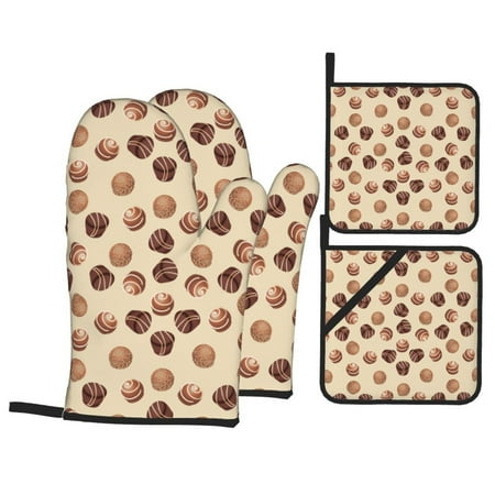 

Oven Mitts and Pot Holders Sets 4 pcs - Brown Chocolate Print Heat Resistant Silicone Oven Gloves with Non-Slip Silicone Surface and hot pads for kitchen Baking Cooking BBQ