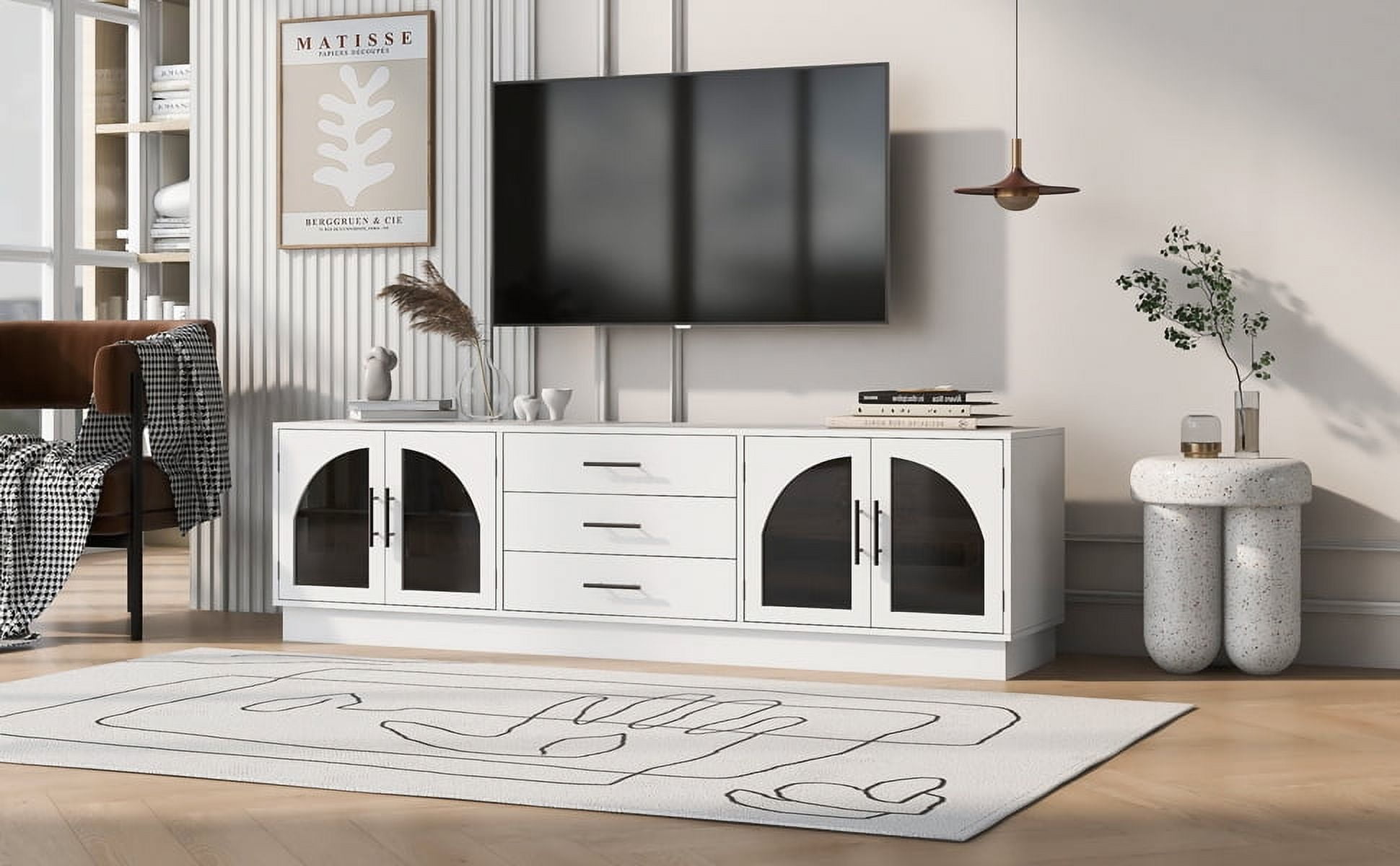Euroco Modern TV Stand with Arched Glass Doors, Drawers & Adjustable Shelves for TVs up to 75 Inches
