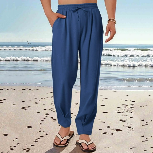 Men's Casual Linen-Look Polyester Drawstring Waist Pants with Pockets for Daily Wear