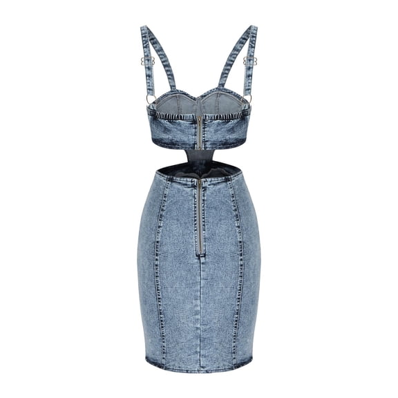 PuLe Summer Dress Sexy Denim Bodycon Dress One Piece Cut Out Sleeveless Jean Mini Dresses