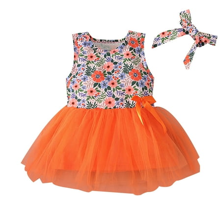 

Fesfesfes Toddler Kids Baby Girls Cute Summer Sleeveless Flowers Print Mesh Bow Dress Skirt Suit