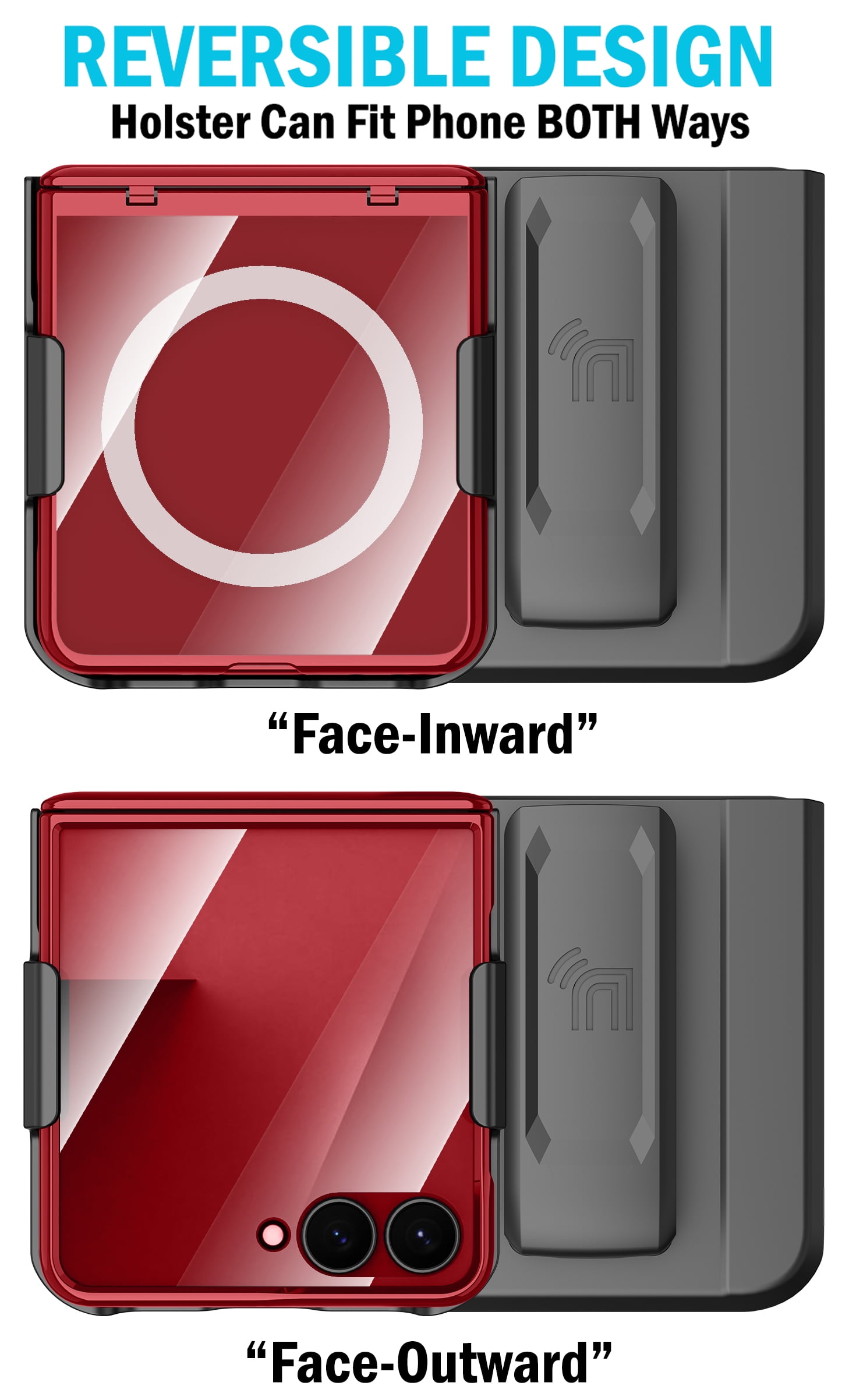 Nakedcellphone Electro Combo for Samsung Galaxy Z Flip 7 Phone Case with Belt Clip Holster Holder - Built-In Screen Protector - Hinge Cover - Compatible with MagSafe - Red/Clear