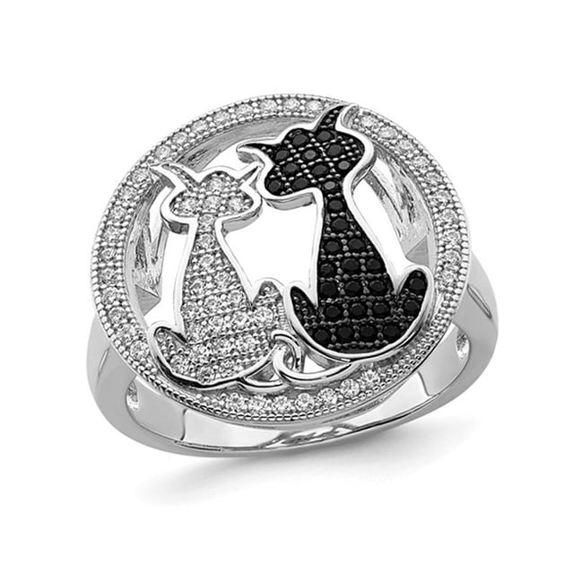 Sterling Silver Black and White Micro-Pave Synthetic Cubic Zirconia (CZ) Cat Ring