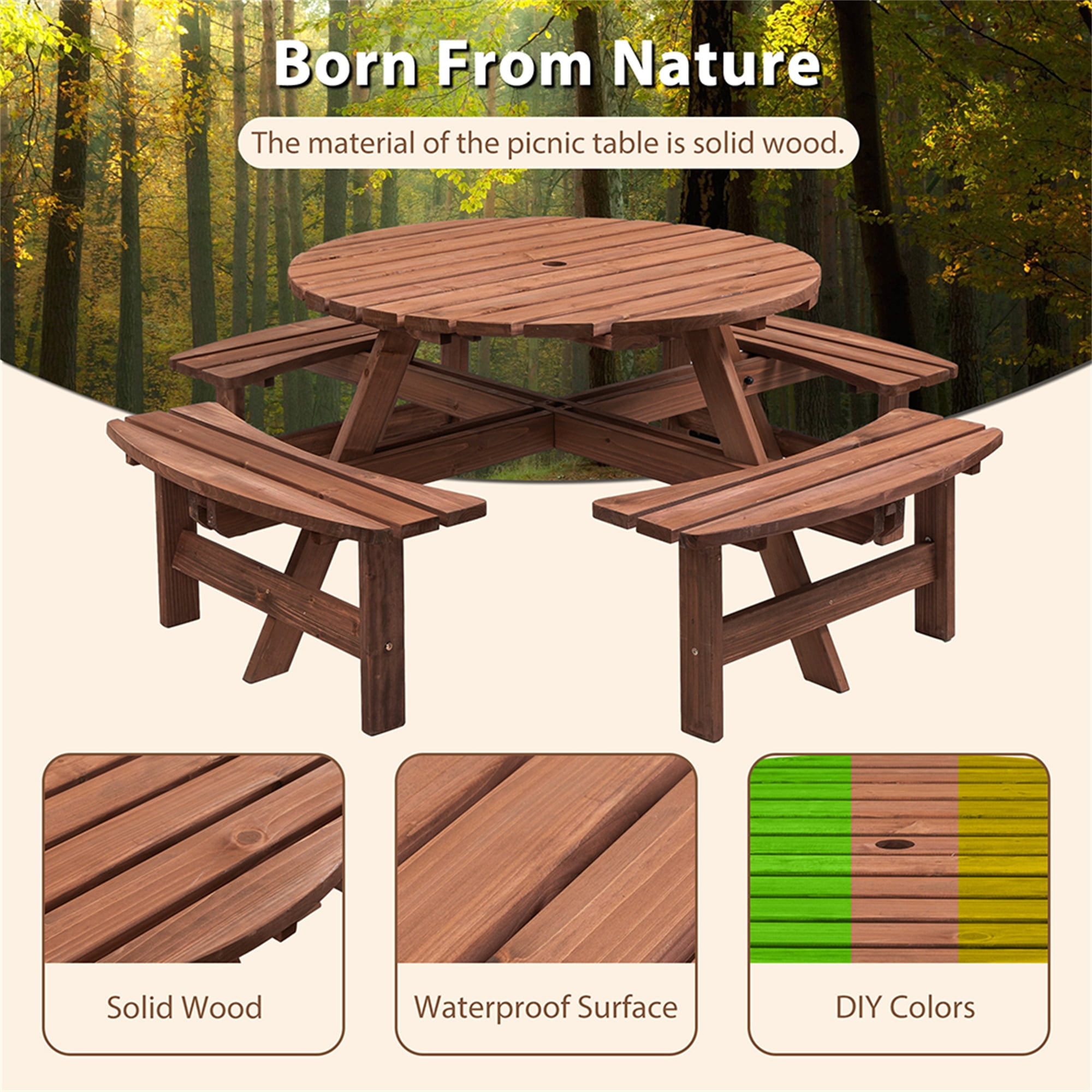 Aimee Lii 8-Person Outdoor Circular Wooden Picnic Table with 4 Built-in Benches for Patio Backyard Garden, Brown Aimee Lii 8-Person Outdoor Circular Wooden Picnic Table with 4 Built-in Benches for Patio Backyard Garden, Brown