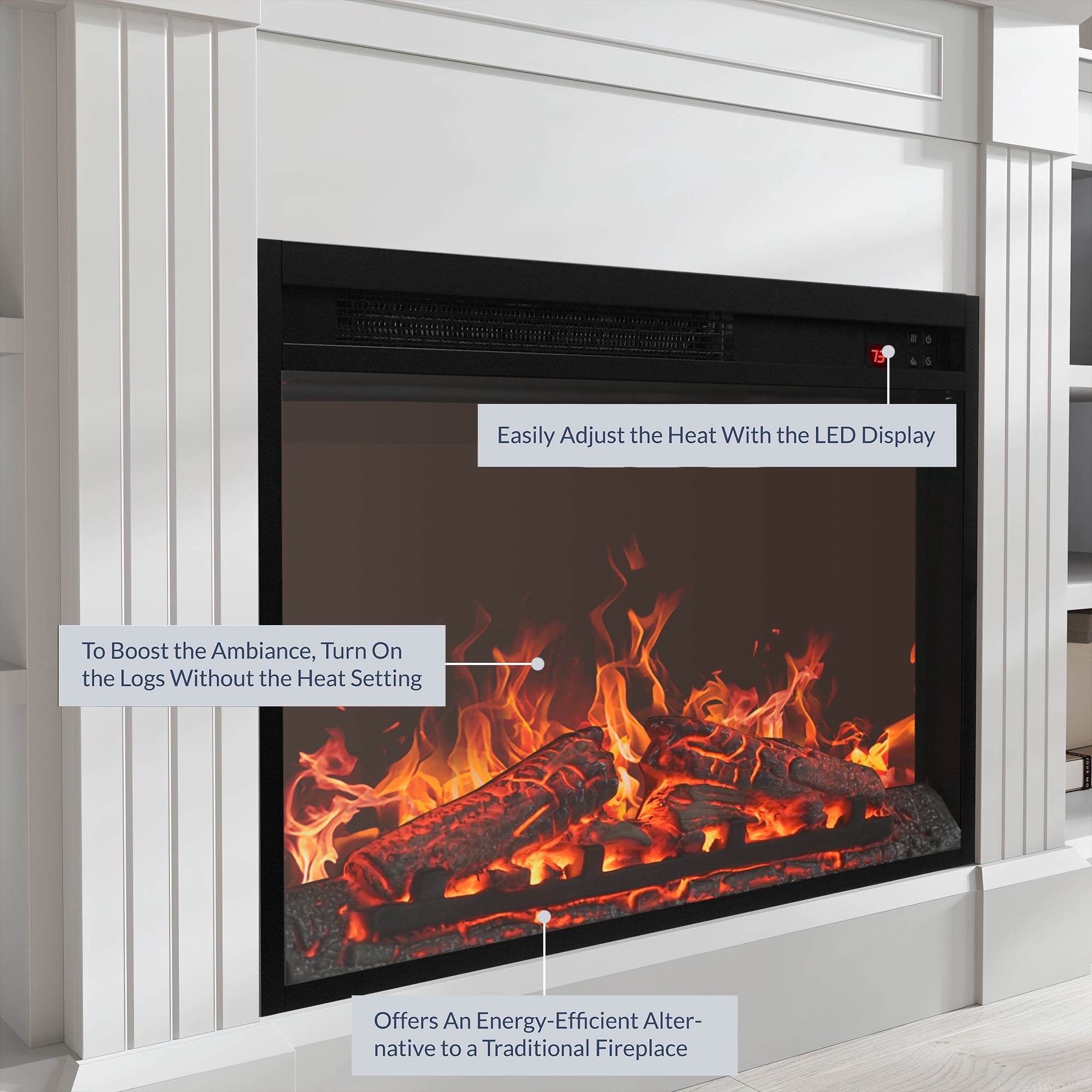 BELLEZE 66" Mantel TV Stand Entertainment Center For TVs up to 66" with 23" Fireplace - Lenore (White)
