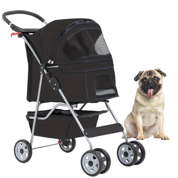 PeakSyn Trading Foldable Pet Travel Carrier, 4-Wheel Pet Stroller With Canopy, Waterproof Breathable Dog Cat Outdoor Push Cart For Small Medium Dogs And Cats