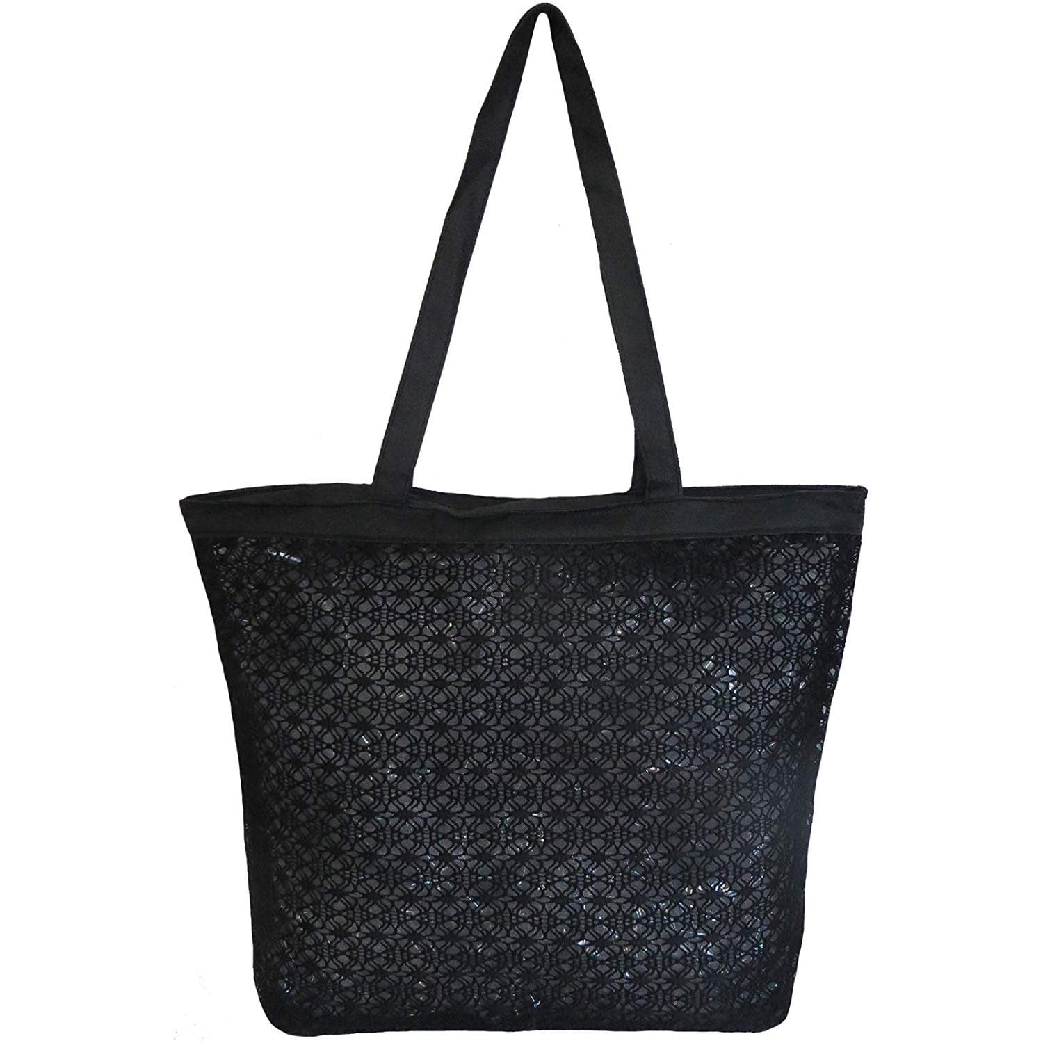 Zipper Top Embroidered Mesh Beach Bag | Lightweight Market, Grocery & Picnic Tote (Black ...