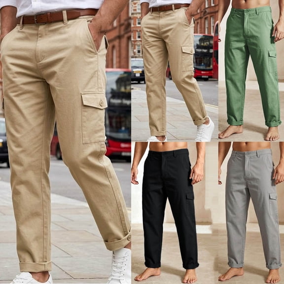 Mens Cotton Linen Golf Dress Pants with Cargo Pocket Classic Fit Flat Front Hidden Expandable Waist No Iron Wrinkle Free Business Casual formal Work to Weekend Big and Tall Size M-3XL Khaki
