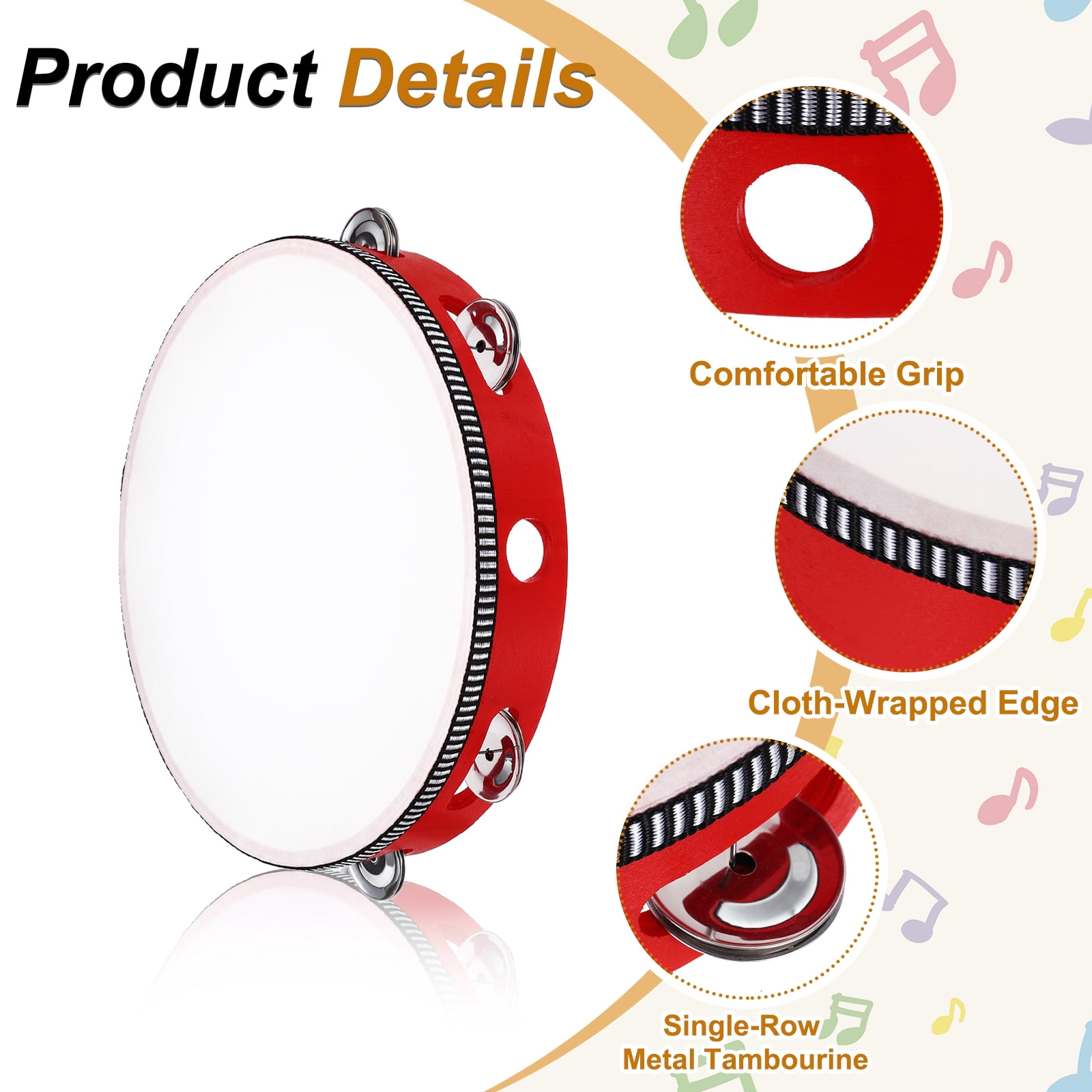 Uxcell 1 Pcs Tambourine Drum 10 Inch Wood Hand Held Tambourine Single Row Metal Jingle Percussion Musical Drum Instrument for Adults Church Wedding Party Games, Red
