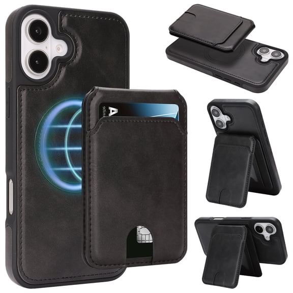 Case for iPhone 16, Compatible with MagSafe, Magnetic 2 in 1 Detachable Wallet Case with Card Holder Women Men, Business PU Leather RFID Blocking Flip Kickstand Credit Slots, Black